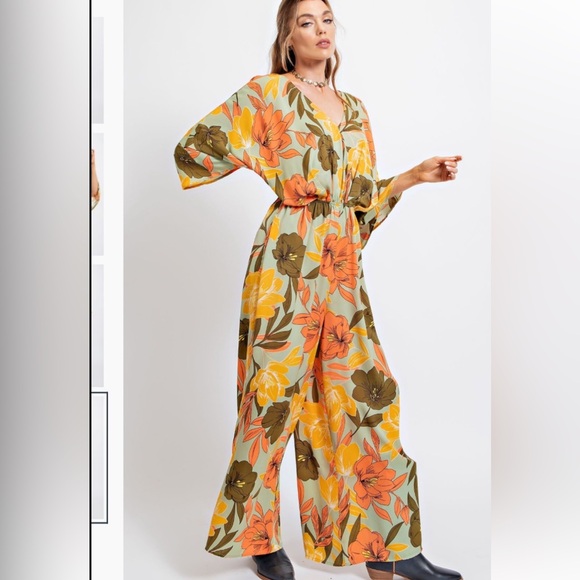 Easel Floral Jumpsuit in Orange and Green - Picture 2 of 5